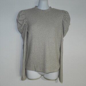 Zara mock neck faux pearl accented puffy long sleeves sweater, oatmeal